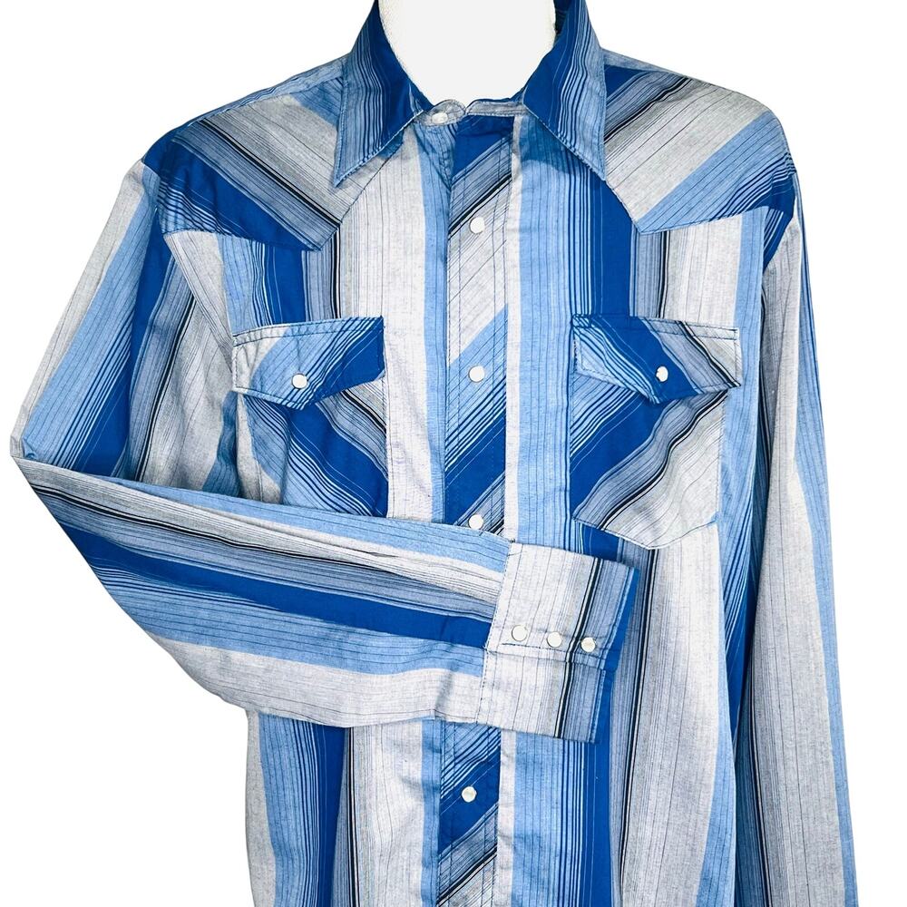 Wrangler Western Shirt Mens Large Blue Stripe Pearl Snap Long Sleeve